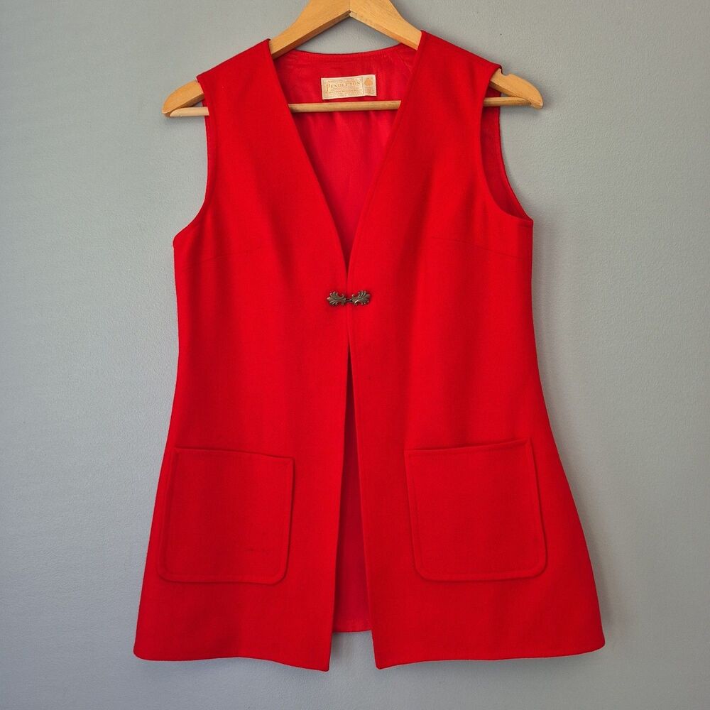 Pendleton Red VTG Virgin Wool Sleeveless Mid Length Vest Front Pockets Womens 8